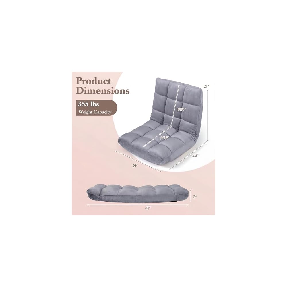 GIANTEX Folding Floor Chair with Back Support, 14 Adjustable Position, Padded Sleeper Bed, Couch Recliner, Gaming Floor Chairs for Adults, Meditation, Living Room (Grey)