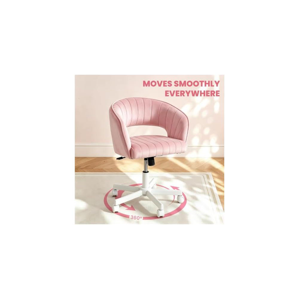 WAYTRIM Vanity Chair with Back, White Velvet Swivel Desk Chair with Wheels