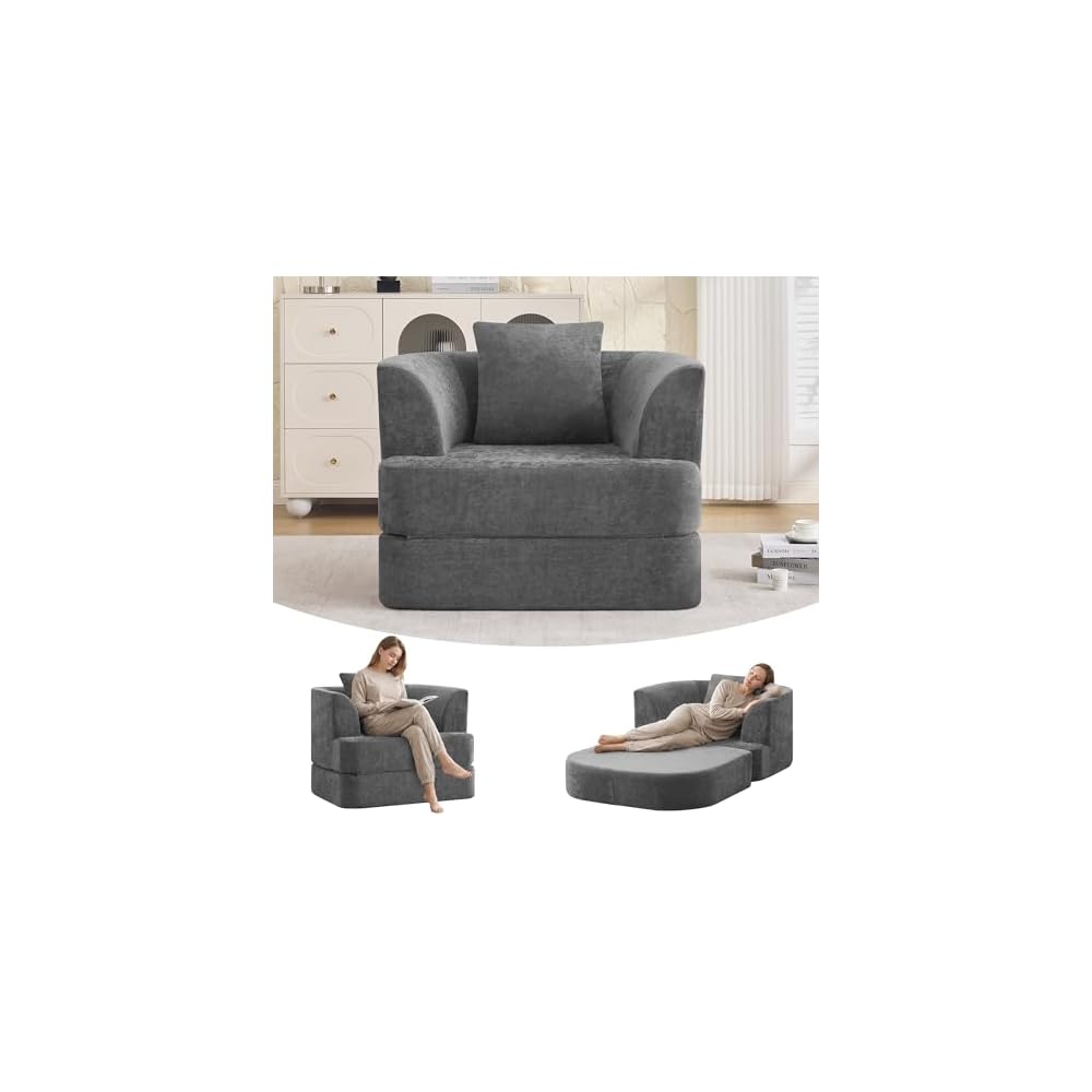 HUBSON 2-in-1 Folding Sofa Bed, Chenille Convertible Single Sleeper Chair Bed, Modern Boneless Foldable Couch, High-Density Foam Lounge Chair for Living Room, Bedroom, No Assembly Required, Dark Grey
