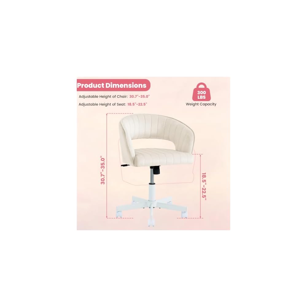 WAYTRIM Vanity Chair with Back, White Velvet Swivel Desk Chair with Wheels