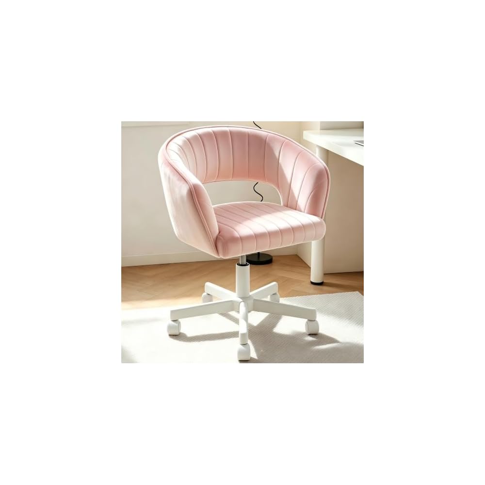 WAYTRIM Vanity Chair with Back, White Velvet Swivel Desk Chair with Wheels