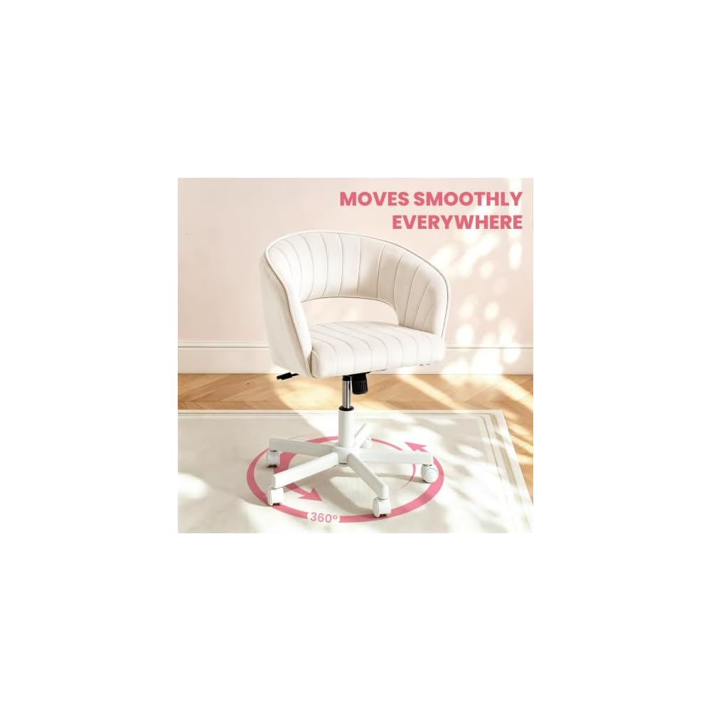 WAYTRIM Vanity Chair with Back, White Velvet Swivel Desk Chair with Wheels