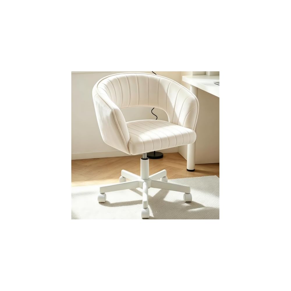WAYTRIM Vanity Chair with Back, White Velvet Swivel Desk Chair with Wheels