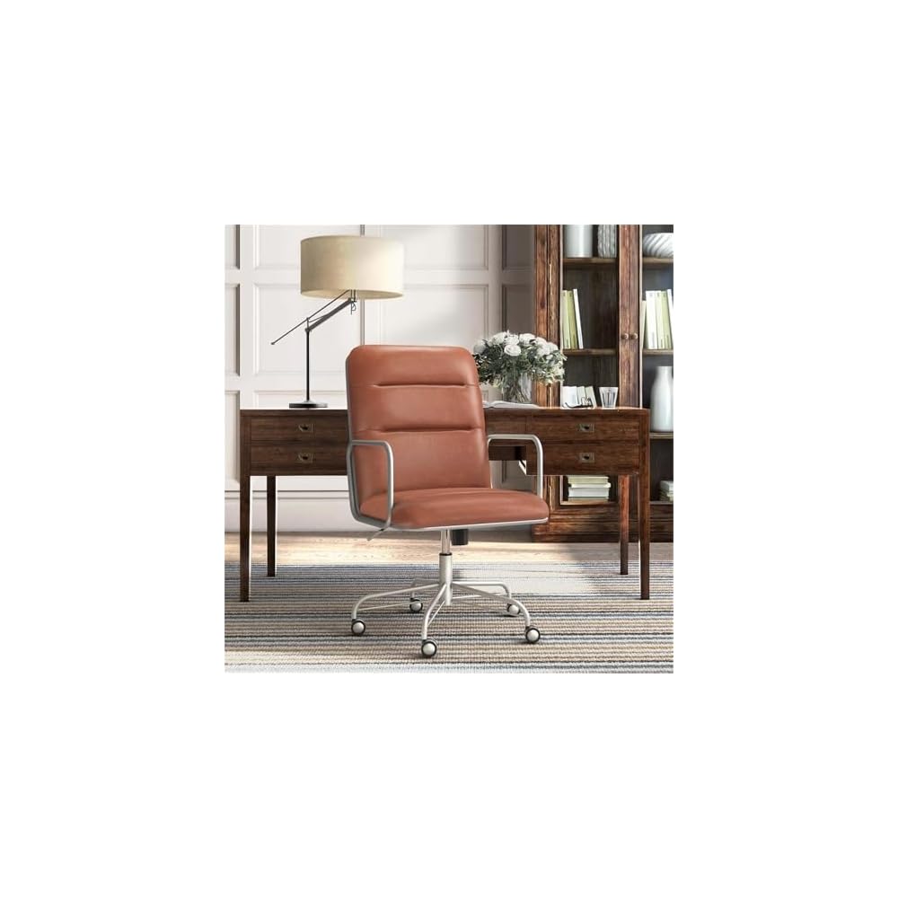 Scranton & Co Faux Leather Modern Swivel Office Desk Chair, Height Adjustable Upholstered Rolling Chair for Meeting Room, Comfortable Computer Chair for Home Office and Study Room, Brown