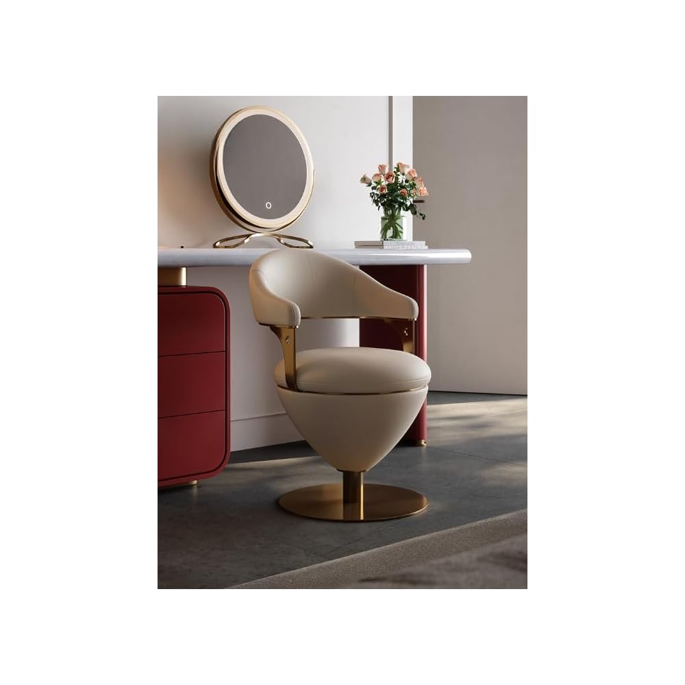 Modern Luxury Swivel Vanity Chair – Upholstered Makeup Stool with Curved Backrest, Napa Leather Accent Chair for Bedroom & Dressing Room (Cream)