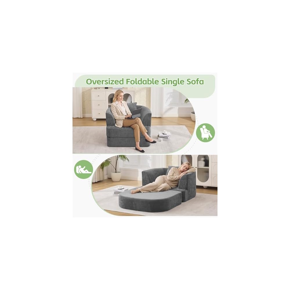 HUBSON 2-in-1 Folding Sofa Bed, Chenille Convertible Single Sleeper Chair Bed, Modern Boneless Foldable Couch, High-Density Foam Lounge Chair for Living Room, Bedroom, No Assembly Required, Dark Grey