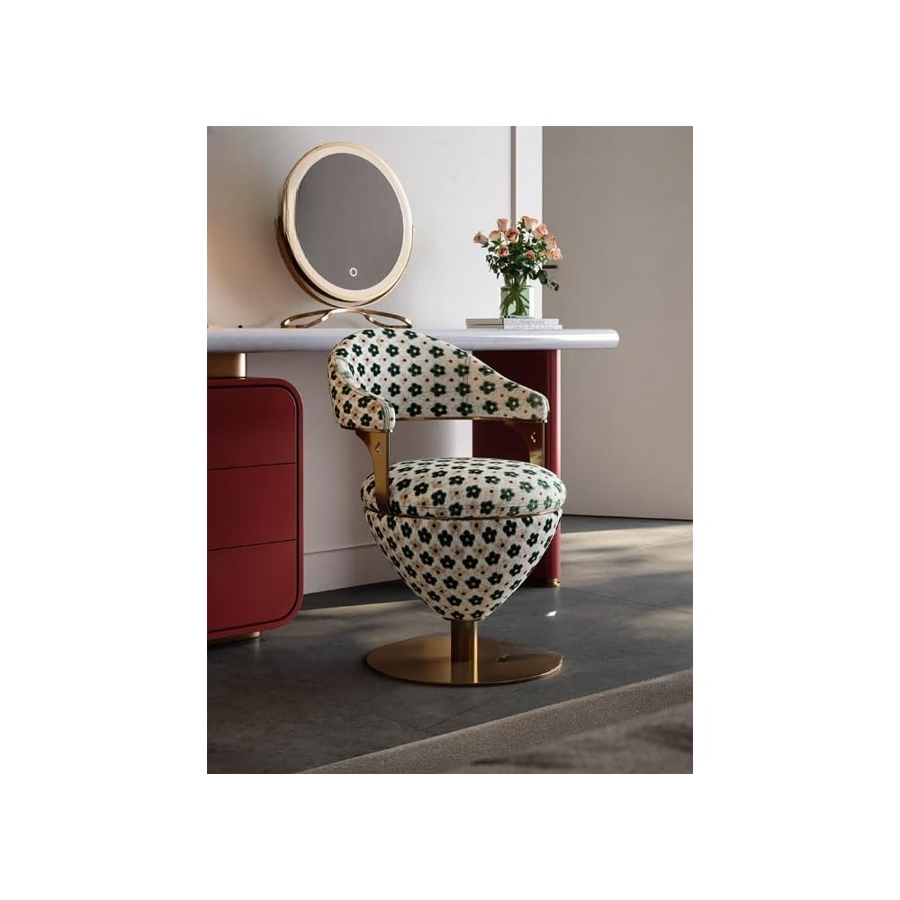 Modern Luxury Swivel Vanity Chair – Upholstered Makeup Stool with Curved Backrest, Napa Leather Accent Chair for Bedroom & Dressing Room (Cream)