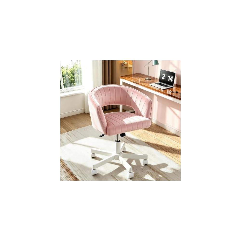 WAYTRIM Vanity Chair with Back, White Velvet Swivel Desk Chair with Wheels