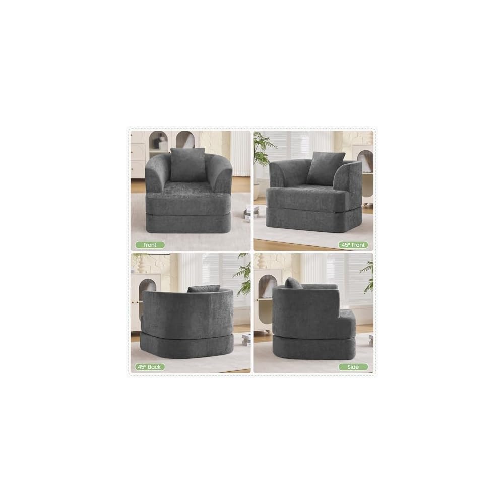 HUBSON 2-in-1 Folding Sofa Bed, Chenille Convertible Single Sleeper Chair Bed, Modern Boneless Foldable Couch, High-Density Foam Lounge Chair for Living Room, Bedroom, No Assembly Required, Dark Grey
