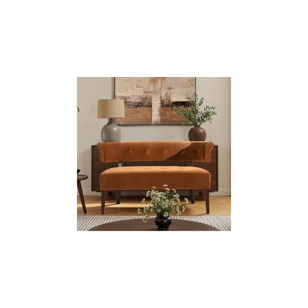 Bench Sofa - Settee Dining Bench with Recessed Arms & Tufted Split Back, Sofa Loveseat with Sturdy Frame and Padded Seat, Booth Seating for Dining Room, Living Room (Burnt Orange)