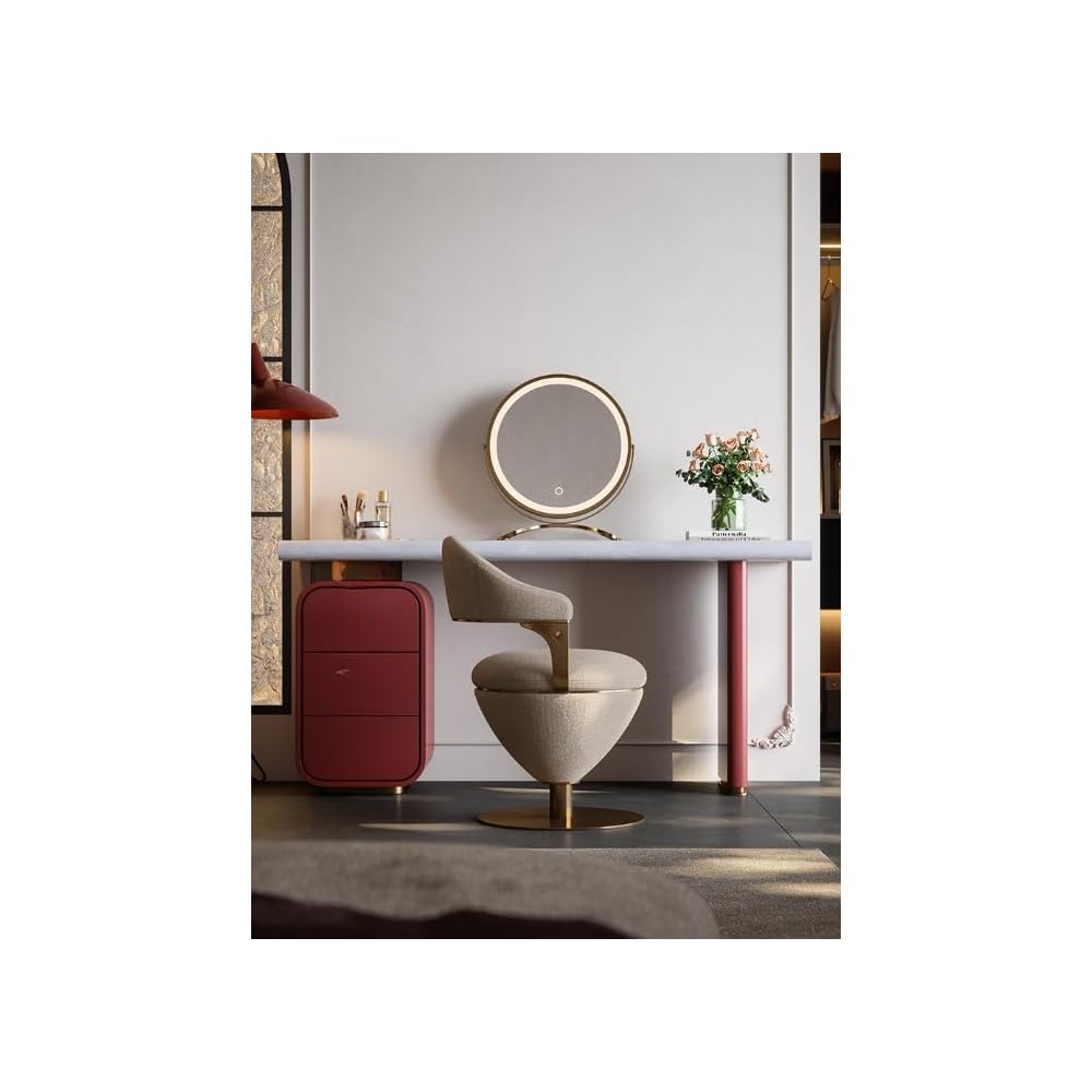 Modern Luxury Swivel Vanity Chair – Upholstered Makeup Stool with Curved Backrest, Napa Leather Accent Chair for Bedroom & Dressing Room (Cream)
