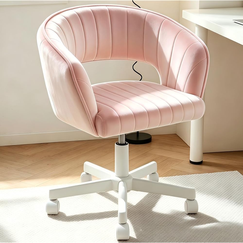 WAYTRIM Vanity Chair with Back, White Velvet Swivel Desk Chair with Wheels